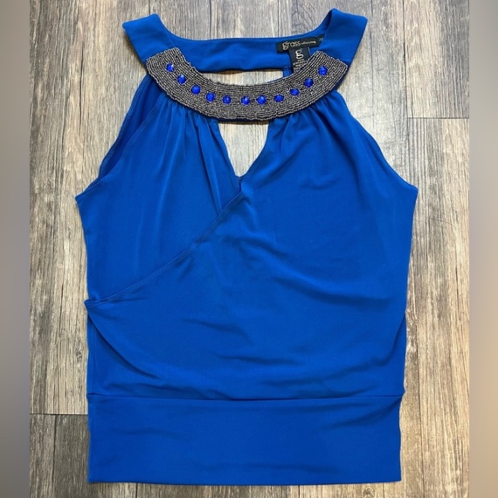 Grass Collection Blue Sleeveless Crossover Beaded w/Round Neckline Blouse Size M